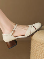 Felice | Leather Braided Ankle Strap Mid Heel Pumps