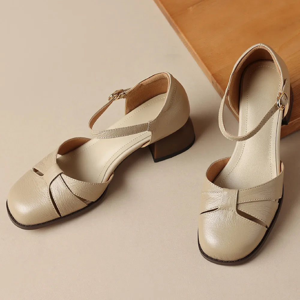 Felice | Leather Braided Ankle Strap Mid Heel Pumps