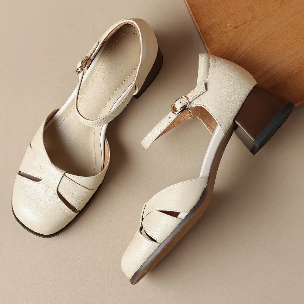 Felice | Leather Braided Ankle Strap Mid Heel Pumps