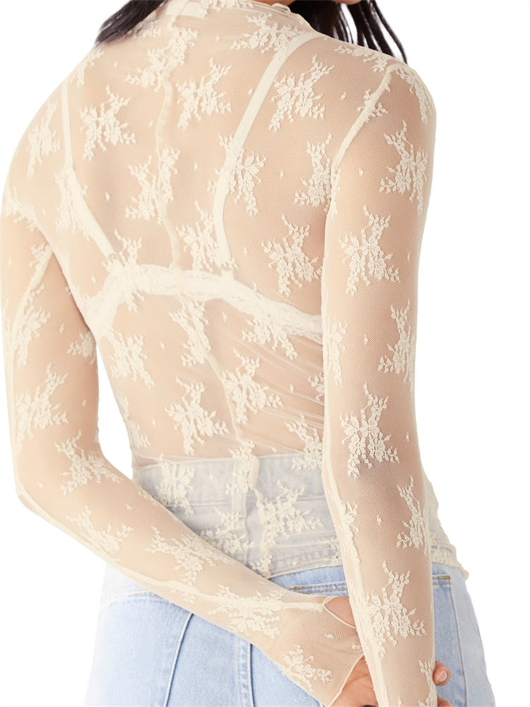 Liana Floral Lace Top featuring a high-neck and intricate mesh design, perfect for a stylish and elegant look. - 11