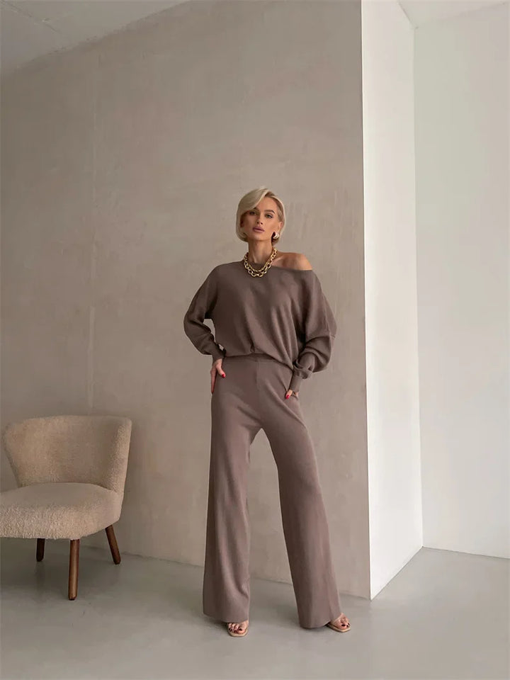 Luxe Eleganza Loungewear Set featuring an ultra-soft knit fabric and stylish off-shoulder design, perfect for comfort and relaxation at home - 7
