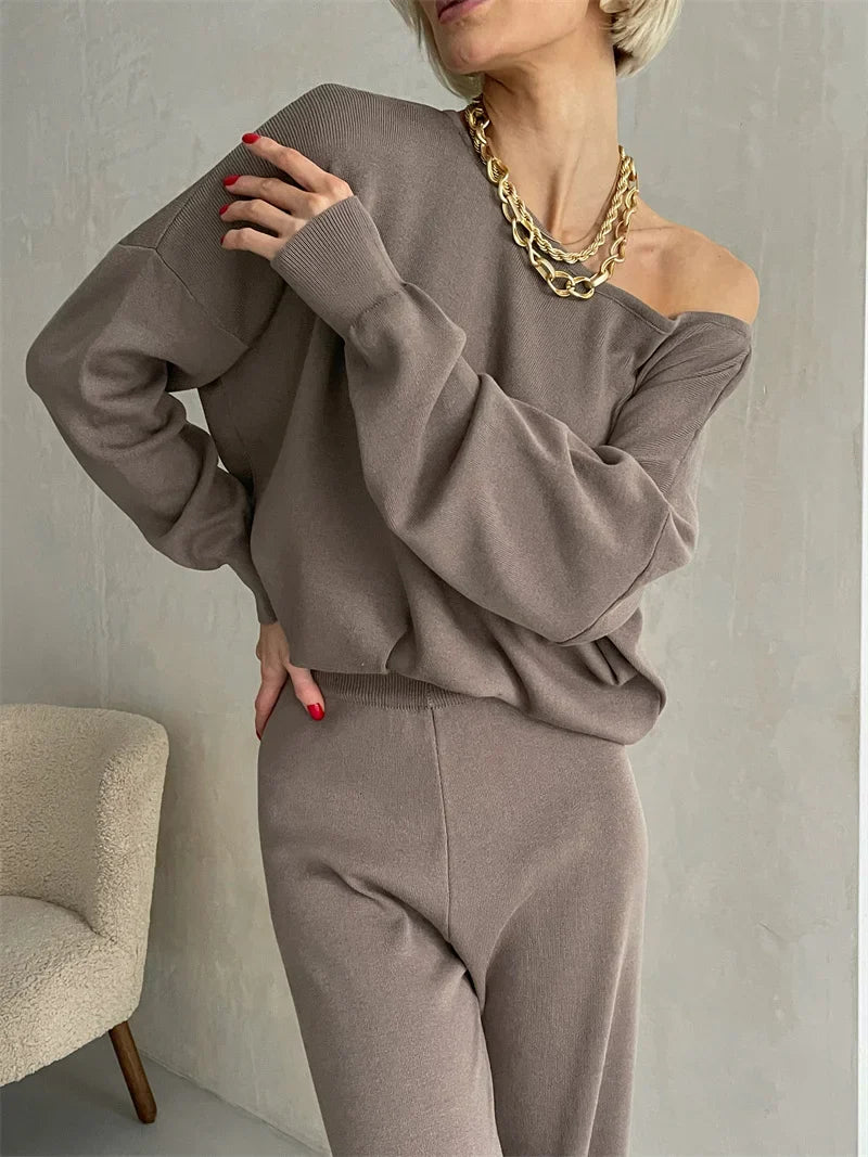 Luxe Eleganza Loungewear Set featuring an ultra-soft knit fabric and stylish off-shoulder design, perfect for comfort and relaxation at home - 1