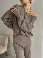 Luxe Eleganza Loungewear Set featuring an ultra-soft knit fabric and stylish off-shoulder design, perfect for comfort and relaxation at home - 1
