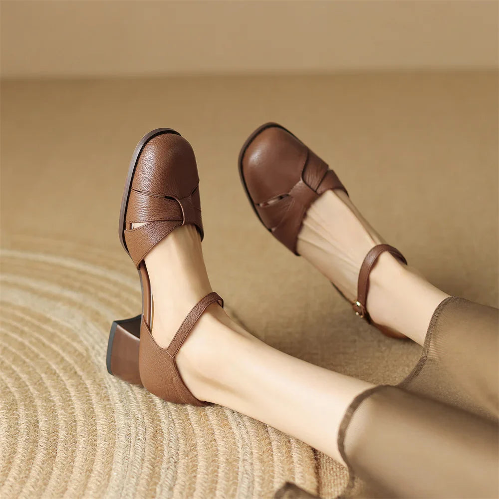 Felice | Leather Braided Ankle Strap Mid Heel Pumps