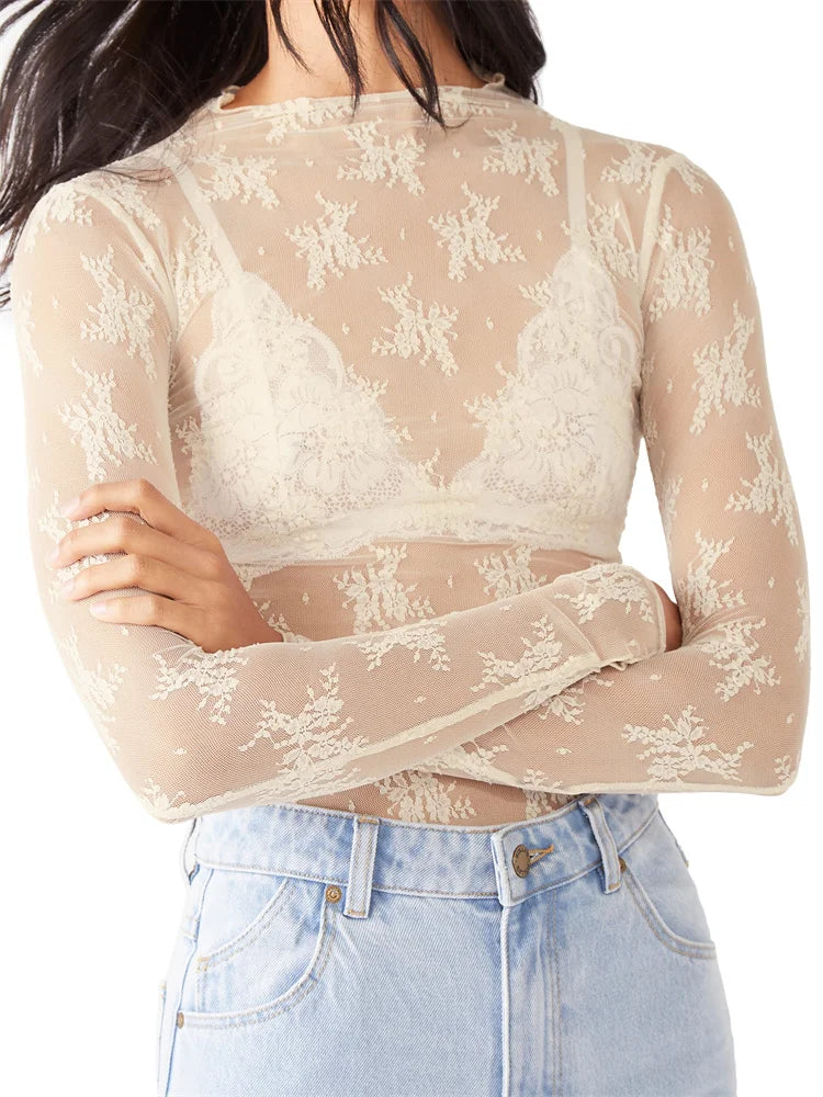 Liana Floral Lace Top featuring a high-neck and intricate mesh design, perfect for a stylish and elegant look. - 8