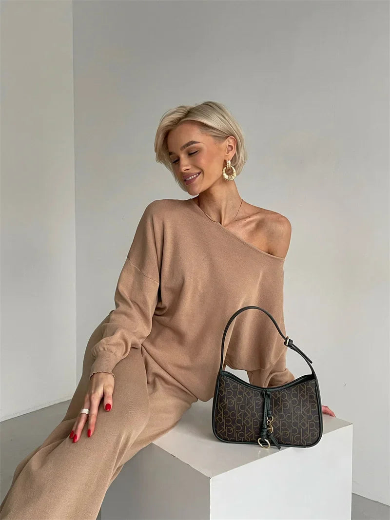 Luxe Eleganza Loungewear Set featuring an ultra-soft knit fabric and stylish off-shoulder design, perfect for comfort and relaxation at home - 20