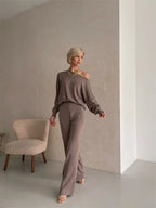 Luxe Eleganza Loungewear Set featuring an ultra-soft knit fabric and stylish off-shoulder design, perfect for comfort and relaxation at home - 8