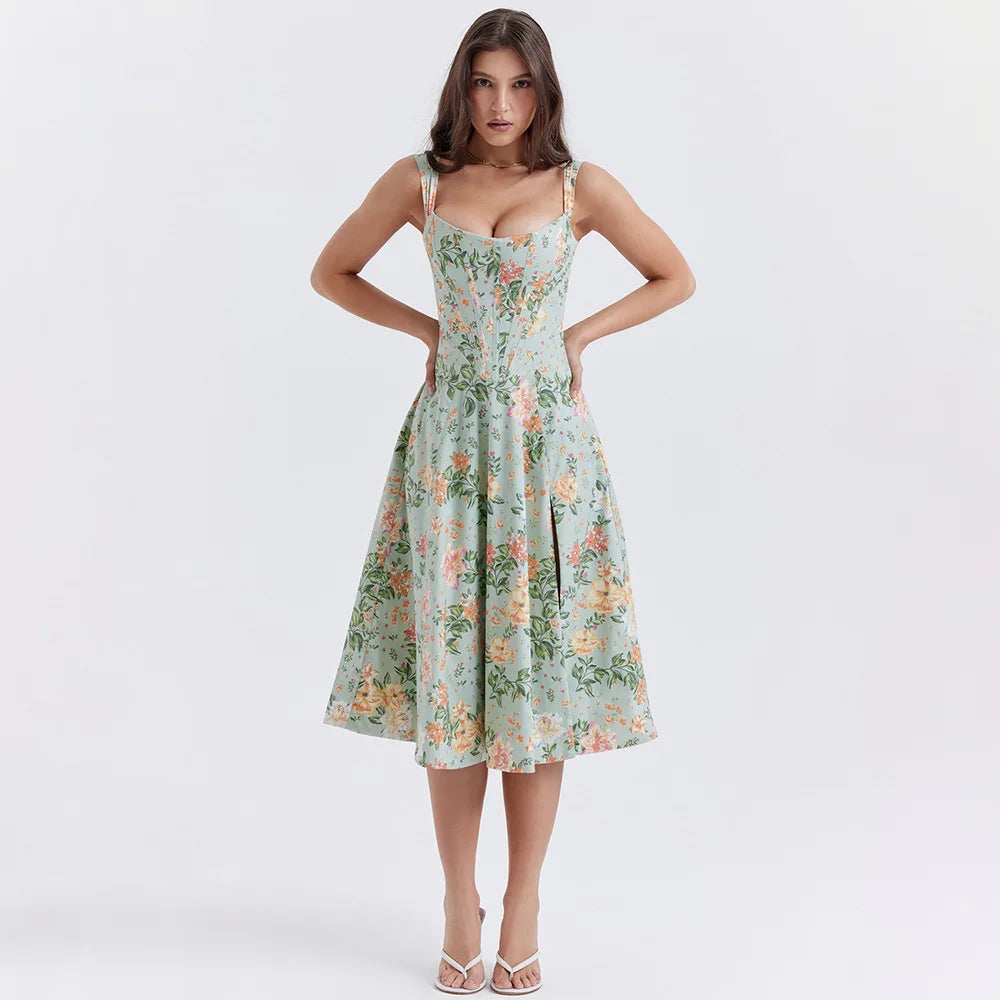 Mira Floral Midi Dress | Cotton, Corset-Inspired, High Slit, Wedding Guest & Summer Dresses - 6