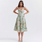 Mira Floral Midi Dress | Cotton, Corset-Inspired, High Slit, Wedding Guest & Summer Dresses - 6