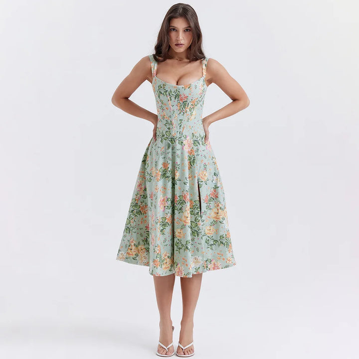 Mira Floral Midi Dress | Cotton, Corset-Inspired, High Slit, Wedding Guest & Summer Dresses - 6