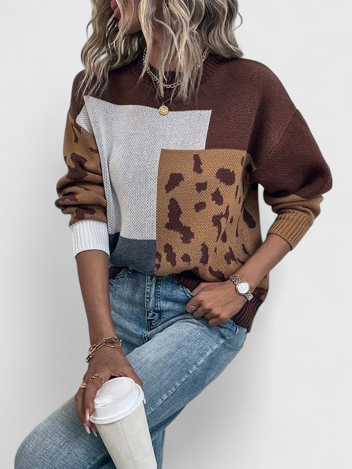 Women's Knit Sweater, Leopard Patchwork Print, Loose Fit, Black or Brown