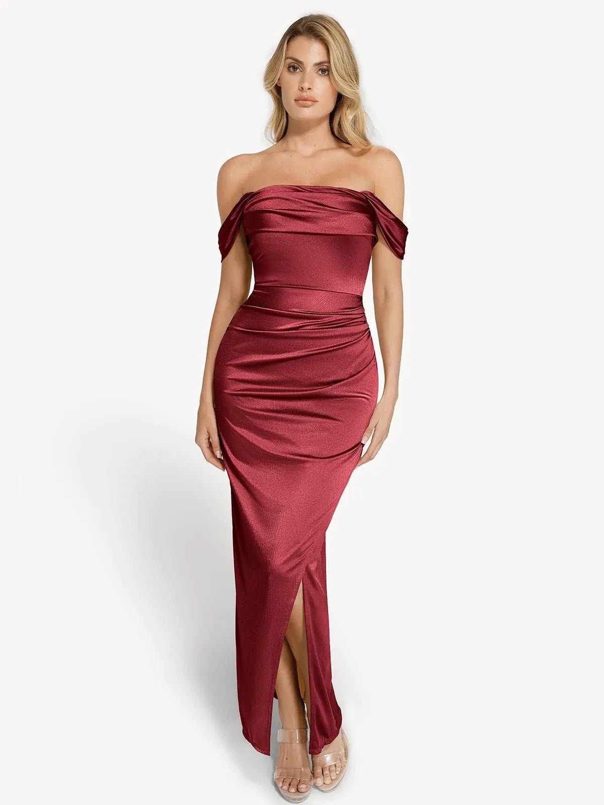 Sasha Maxi Dress | Off Shoulder, Ruched Design, Shimmer Knit 12