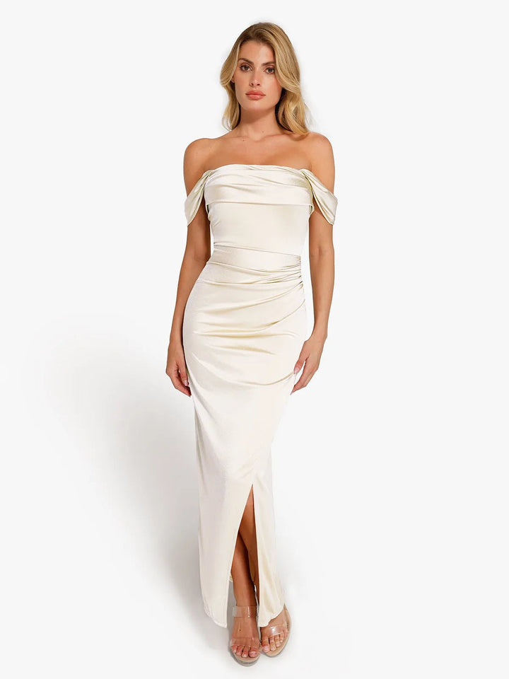 Sasha Maxi Dress | Off Shoulder, Ruched Design, Shimmer Knit 14