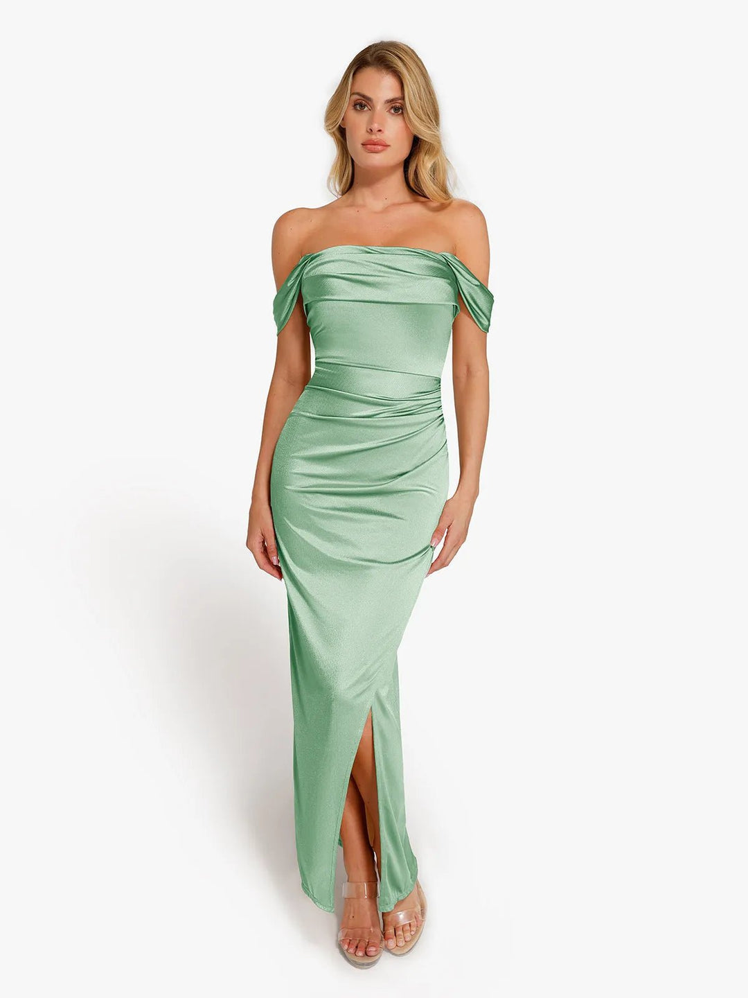 Sasha Maxi Dress | Off Shoulder, Ruched Design, Shimmer Knit 15