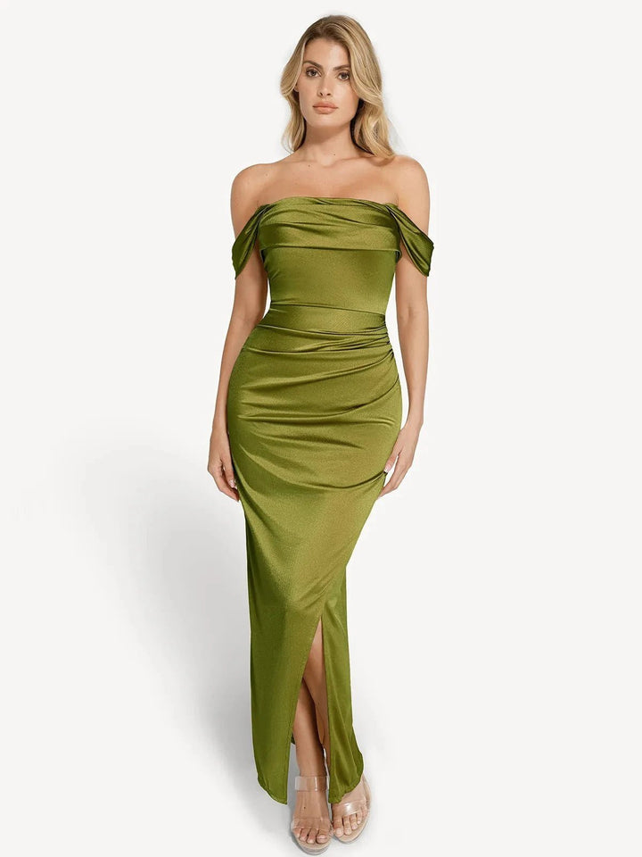 Sasha Maxi Dress | Off Shoulder, Ruched Design, Shimmer Knit 16