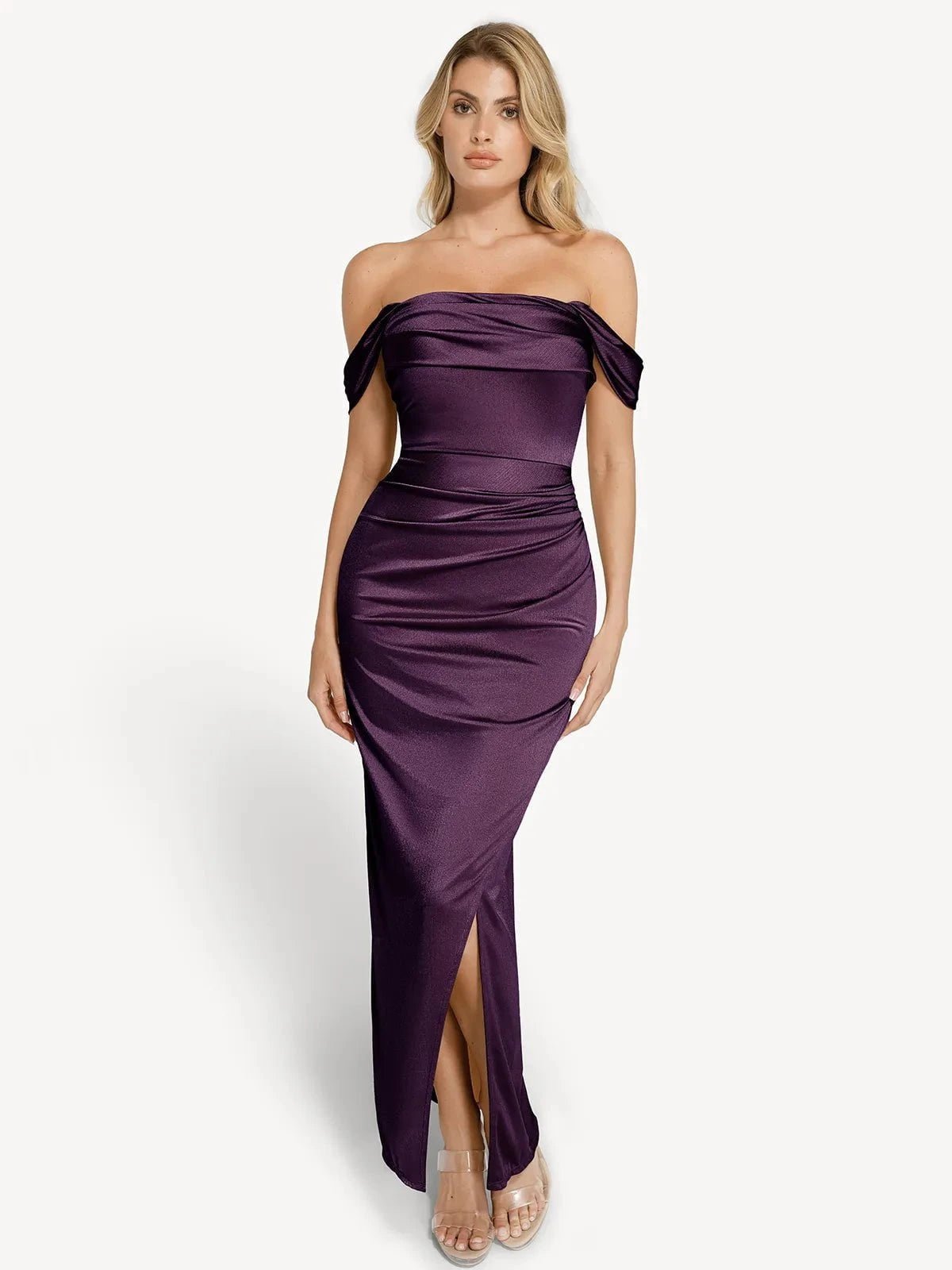 Sasha Maxi Dress | Off Shoulder, Ruched Design, Shimmer Knit 17