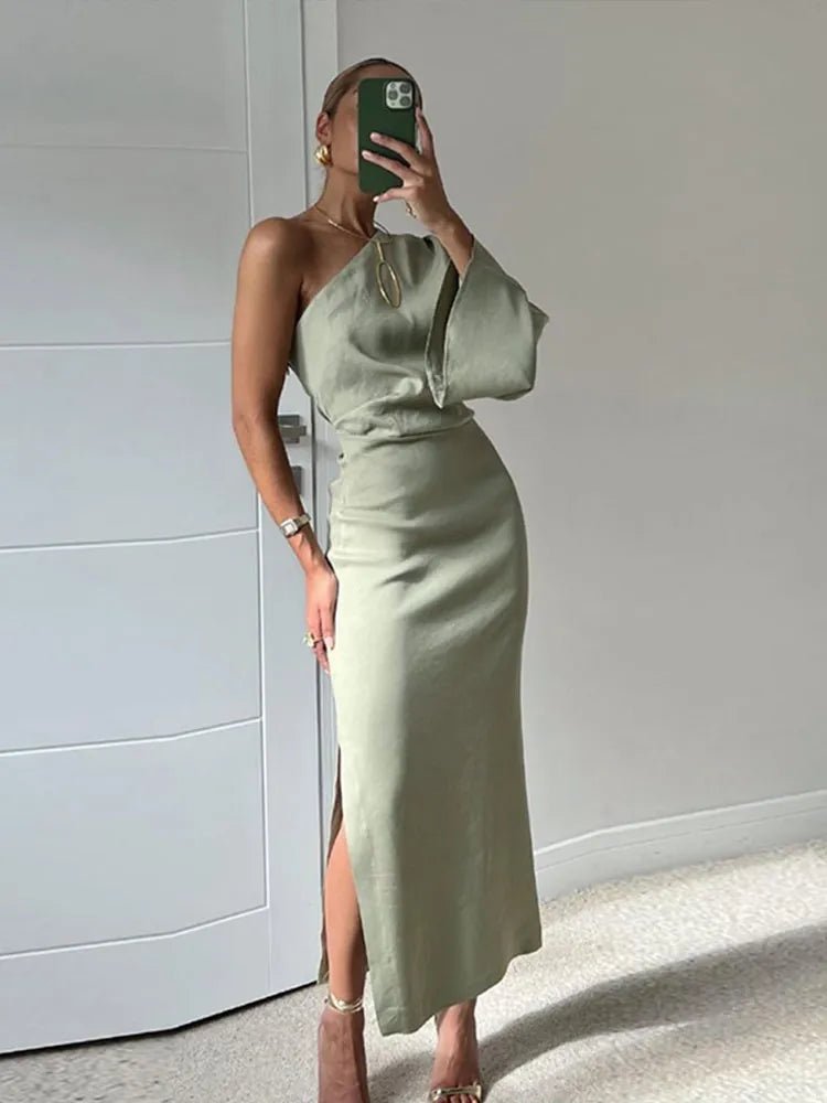 Satin Elegance Dress | One-Shoulder Midi with Slit, Perfect for Weddings and Cocktail Events 0
