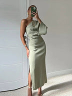 Satin Elegance Dress | One-Shoulder Midi with Slit, Perfect for Weddings and Cocktail Events 0