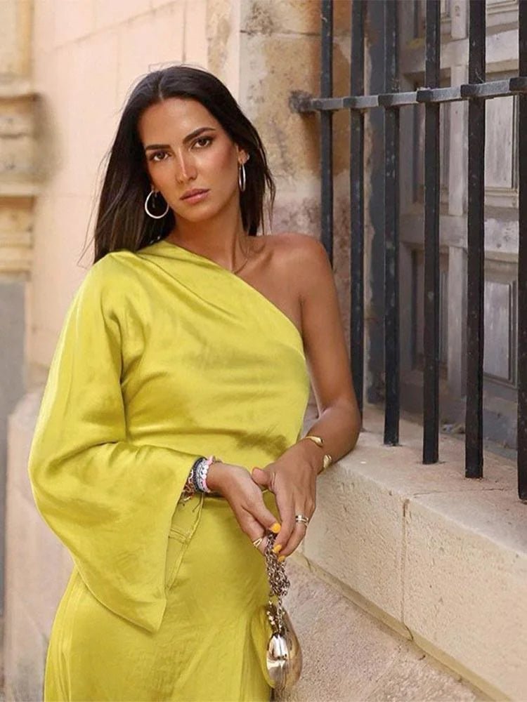 Satin Elegance Dress | One-Shoulder Midi with Slit, Perfect for Weddings and Cocktail Events 1