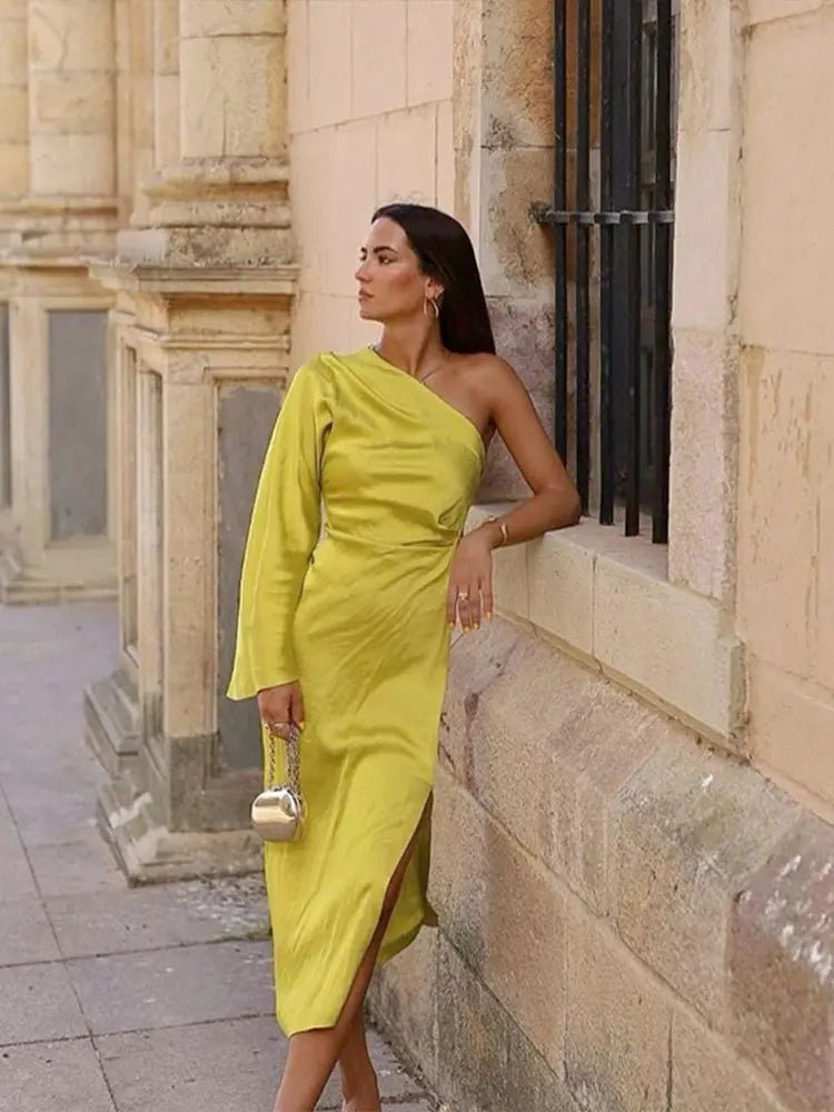 Satin Elegance Dress | One-Shoulder Midi with Slit, Perfect for Weddings and Cocktail Events 2