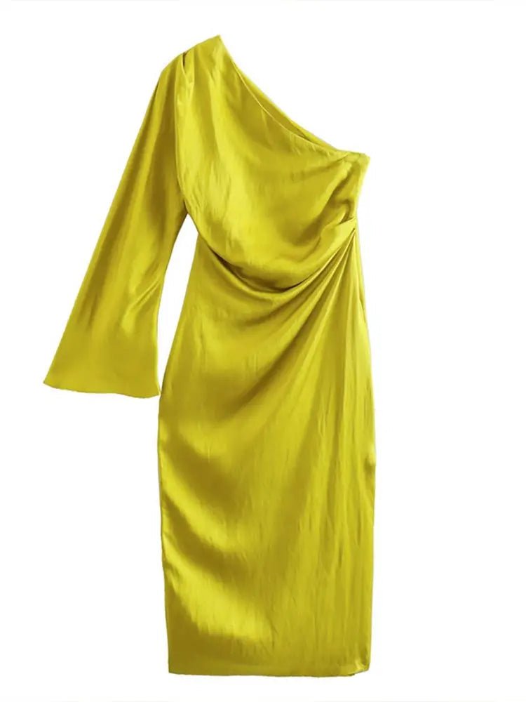 Satin Elegance Dress | One-Shoulder Midi with Slit, Perfect for Weddings and Cocktail Events 3
