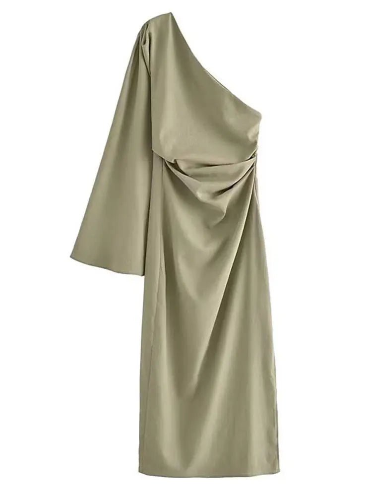 Satin Elegance Dress | One-Shoulder Midi with Slit, Perfect for Weddings and Cocktail Events 4