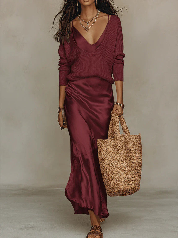 Satin Elegance Midi Dress | Flattering Fit, Includes Matching Sweater 8