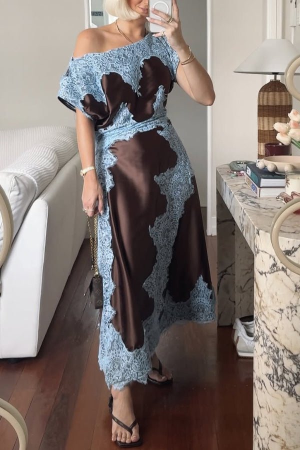 Satin Lace Maxi Dress | Asymmetrical Neckline, Elegant Wedding Guest Dress 0