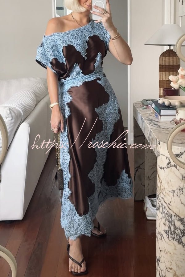 Satin Lace Maxi Dress | Asymmetrical Neckline, Elegant Wedding Guest Dress 1