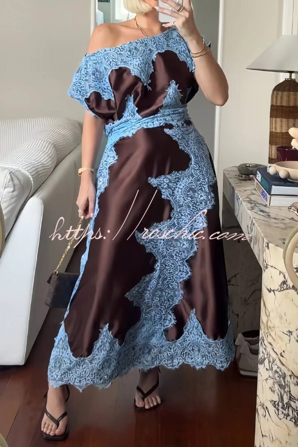 Satin Lace Maxi Dress | Asymmetrical Neckline, Elegant Wedding Guest Dress 2