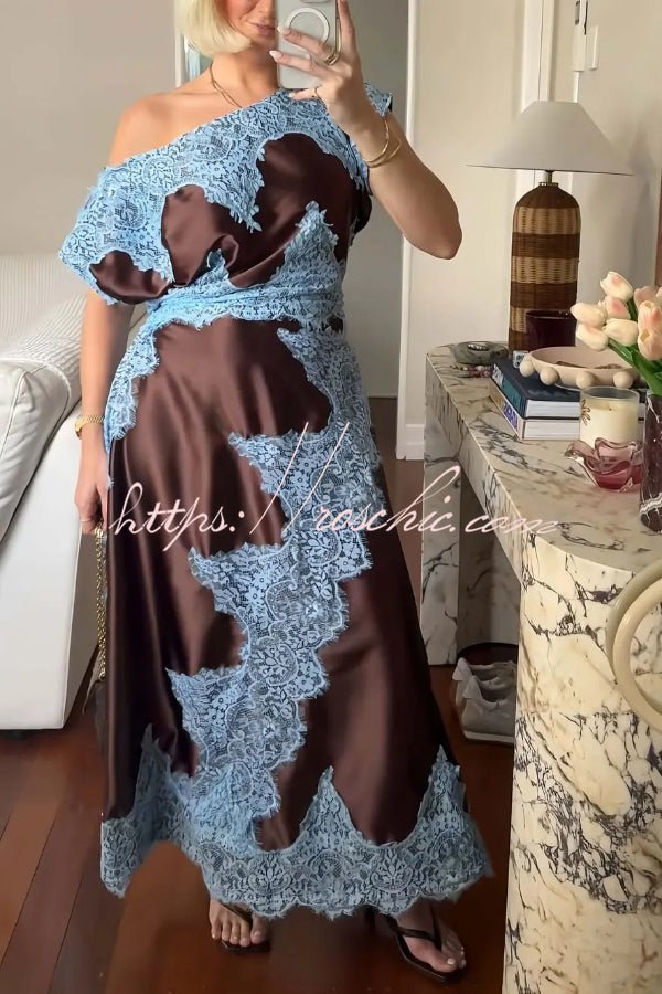 Satin Lace Maxi Dress | Asymmetrical Neckline, Elegant Wedding Guest Dress 3
