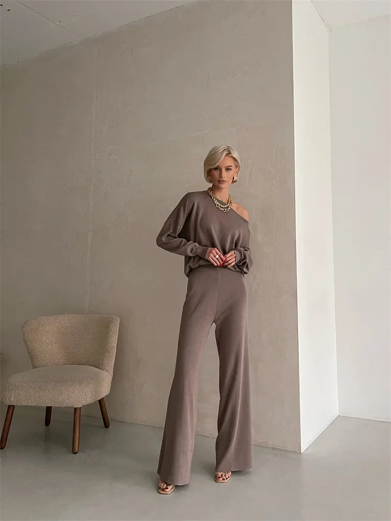 Luxe Eleganza Loungewear Set featuring an ultra-soft knit fabric and stylish off-shoulder design, perfect for comfort and relaxation at home - 6