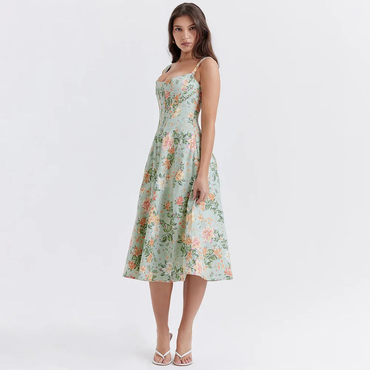Mira Floral Midi Dress | Cotton, Corset-Inspired, High Slit, Wedding Guest & Summer Dresses - 8