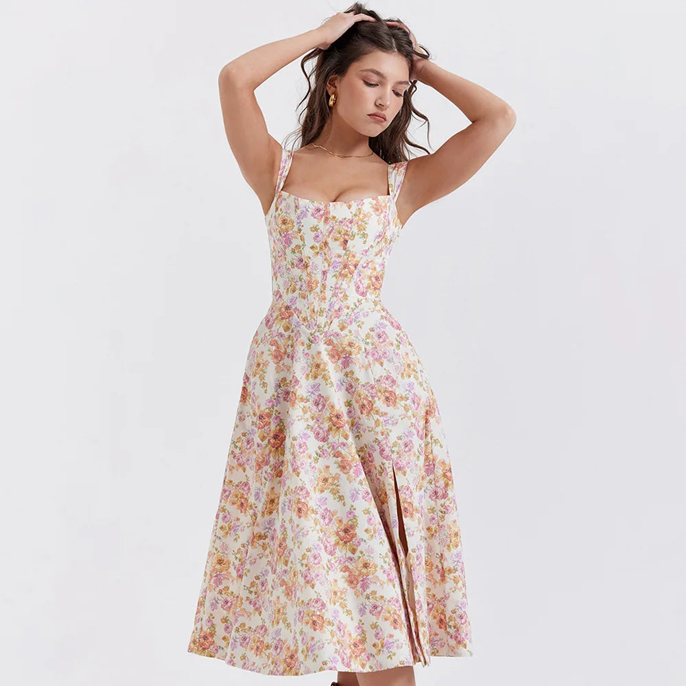Mira Floral Midi Dress | Cotton, Corset-Inspired, High Slit, Wedding Guest & Summer Dresses - 16