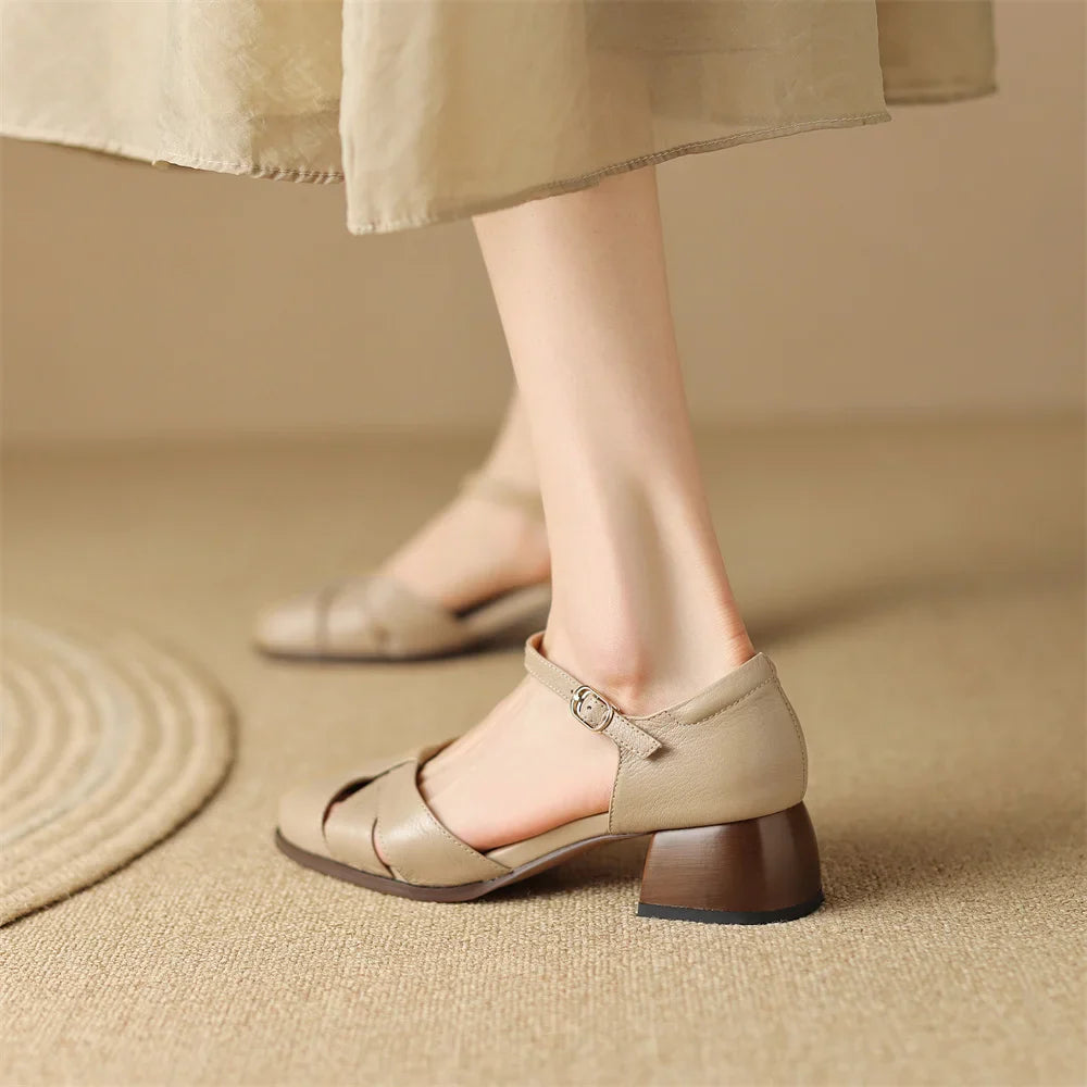 Felice | Leather Braided Ankle Strap Mid Heel Pumps