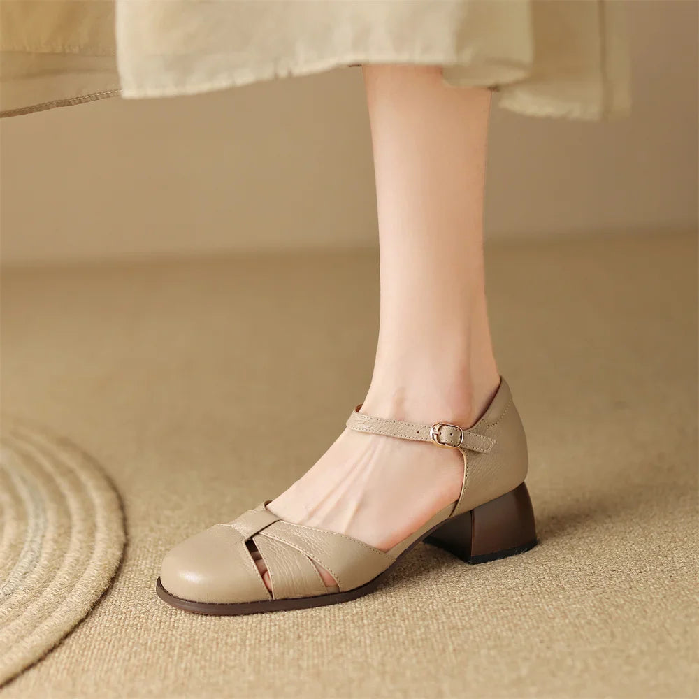 Felice | Leather Braided Ankle Strap Mid Heel Pumps