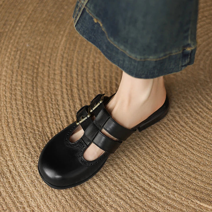 Theodora Mule Heels featuring soft leather material and a comfortable block heel, perfect for stylish and easy wear. - 37