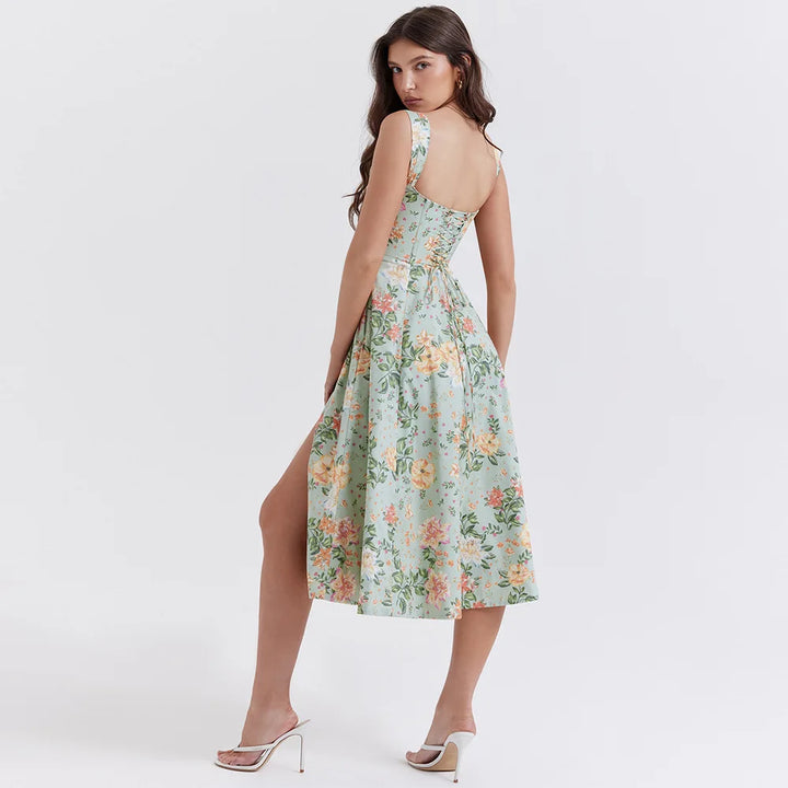 Mira Floral Midi Dress | Cotton, Corset-Inspired, High Slit, Wedding Guest & Summer Dresses - 9