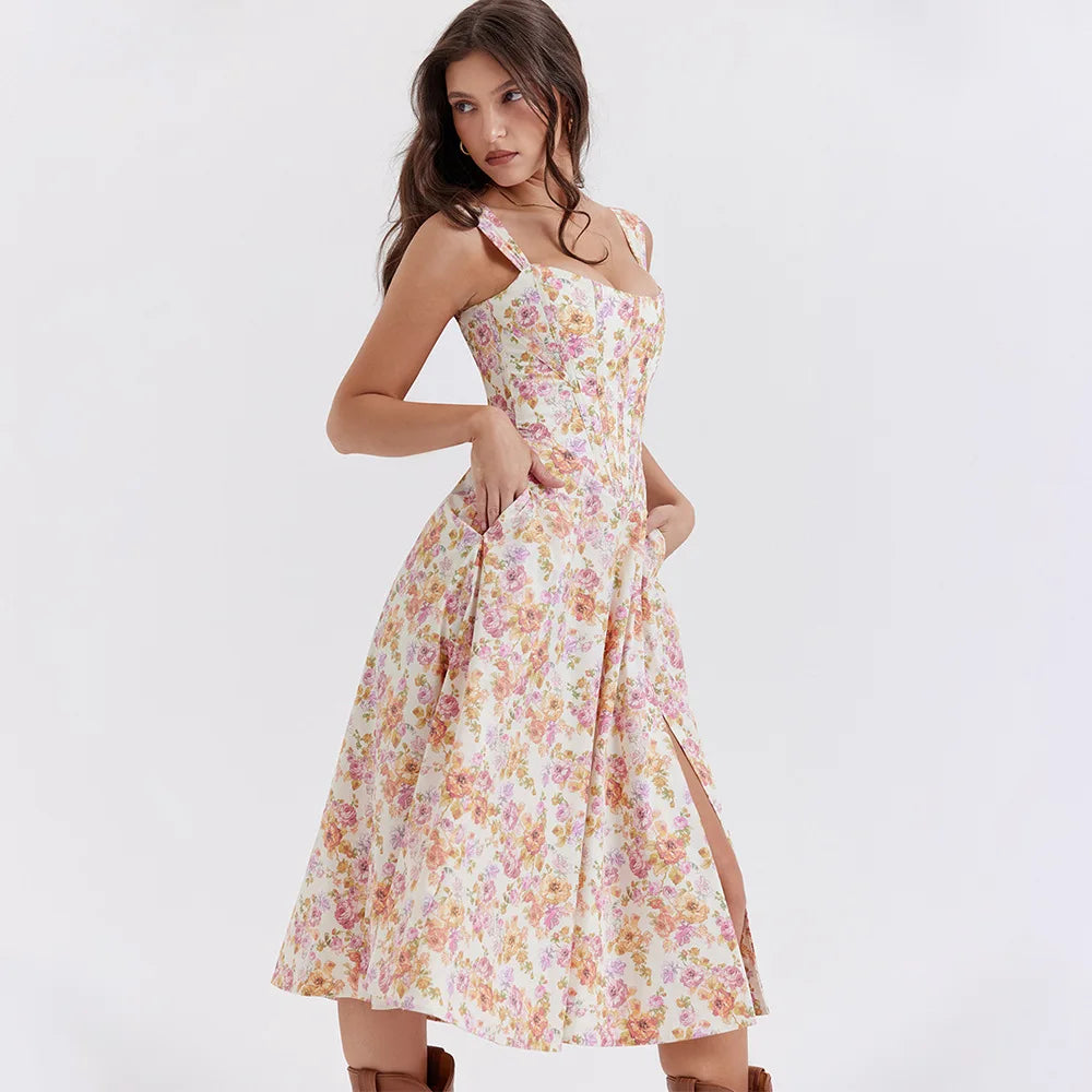 Mira Floral Midi Dress | Cotton, Corset-Inspired, High Slit, Wedding Guest & Summer Dresses - 15