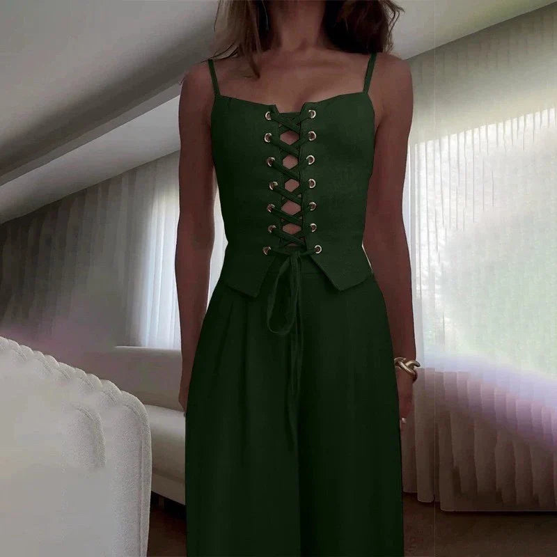 Brianna |  Lace-Up Top Wide Leg Pants Set
