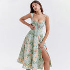 Mira Floral Midi Dress | Cotton, Corset-Inspired, High Slit, Wedding Guest & Summer Dresses - 2