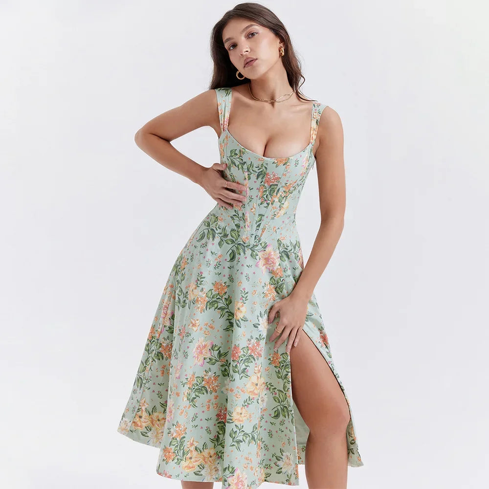 Mira Floral Midi Dress | Cotton, Corset-Inspired, High Slit, Wedding Guest & Summer Dresses - 2