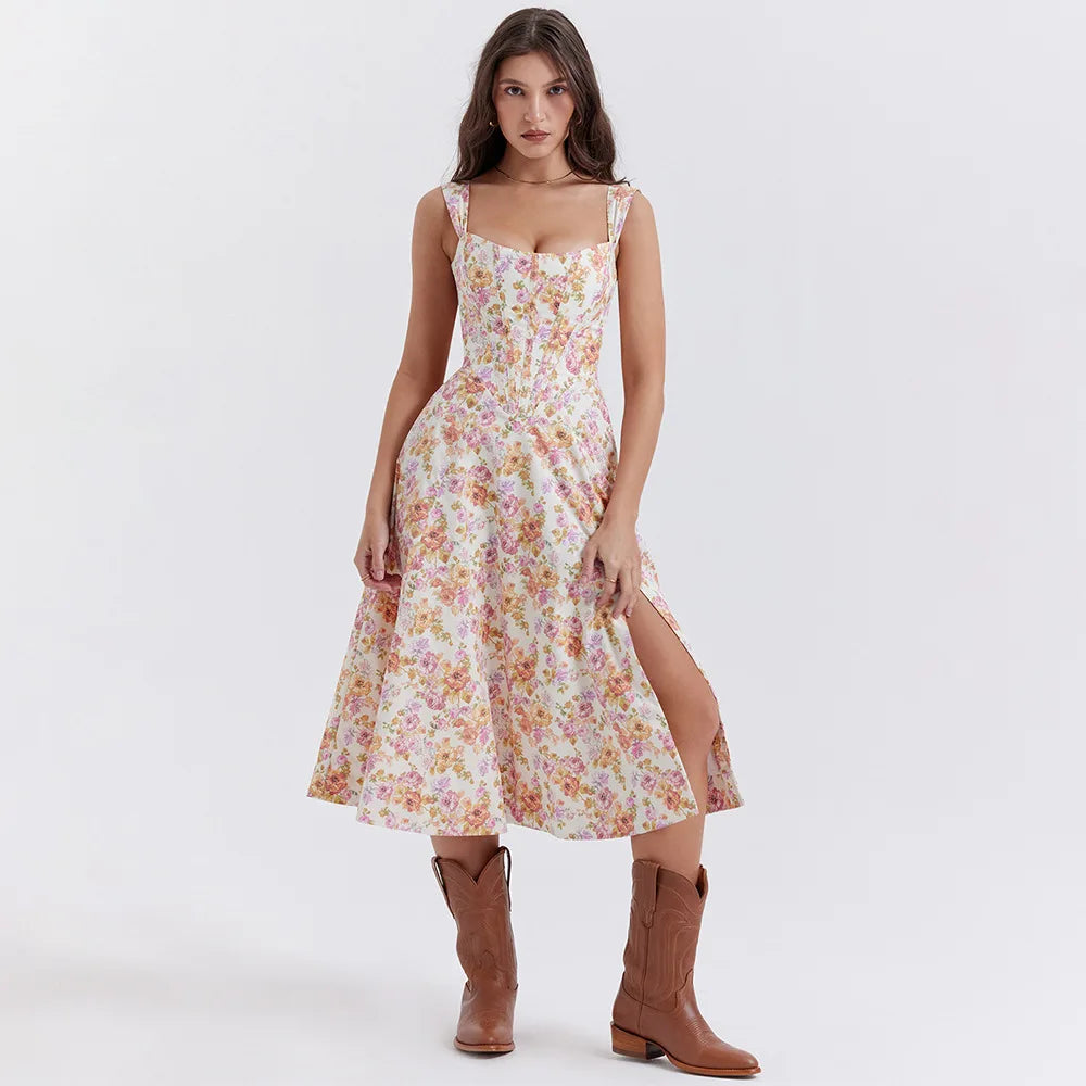Mira Floral Midi Dress | Cotton, Corset-Inspired, High Slit, Wedding Guest & Summer Dresses - 12