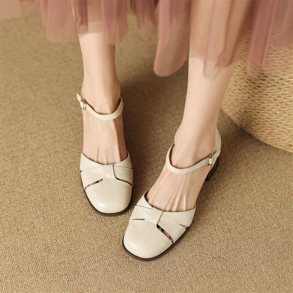 Felice | Leather Braided Ankle Strap Mid Heel Pumps