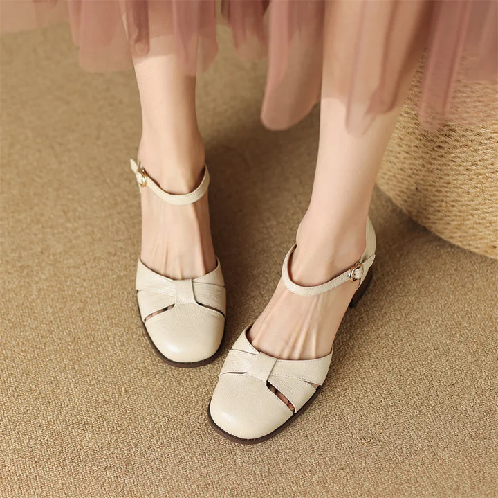 Felice | Leather Braided Ankle Strap Mid Heel Pumps