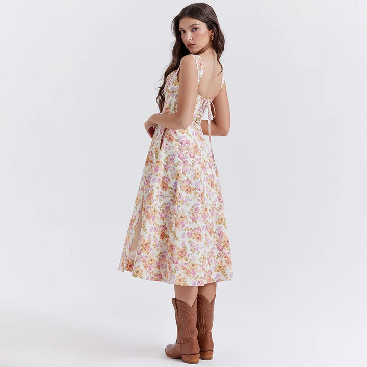 Mira Floral Midi Dress | Cotton, Corset-Inspired, High Slit, Wedding Guest & Summer Dresses - 14