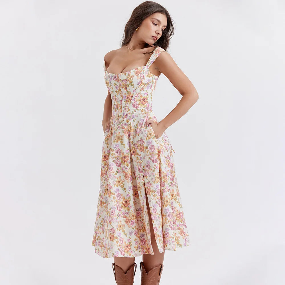 Mira Floral Midi Dress | Cotton, Corset-Inspired, High Slit, Wedding Guest & Summer Dresses - 17