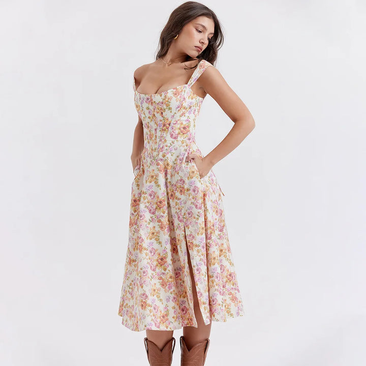 Mira Floral Midi Dress | Cotton, Corset-Inspired, High Slit, Wedding Guest & Summer Dresses - 17