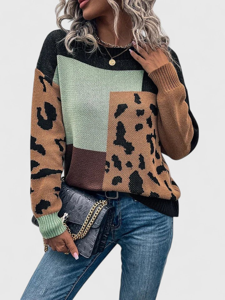 Women's Knit Sweater, Leopard Patchwork Print, Loose Fit, Black or Brown