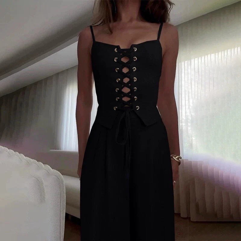 Brianna |  Lace-Up Top Wide Leg Pants Set